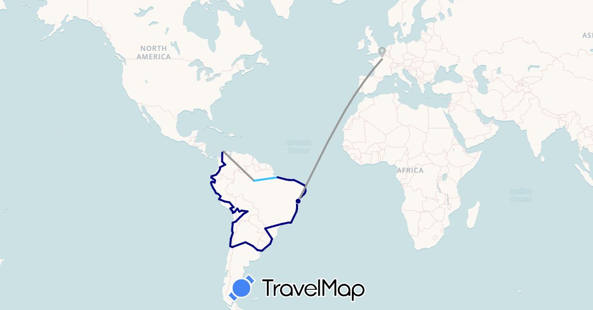 TravelMap itinerary: driving, plane, boat in Argentina, Bolivia, Brazil, Chile, Colombia, Ecuador, France, Peru, Uruguay (Europe, South America)